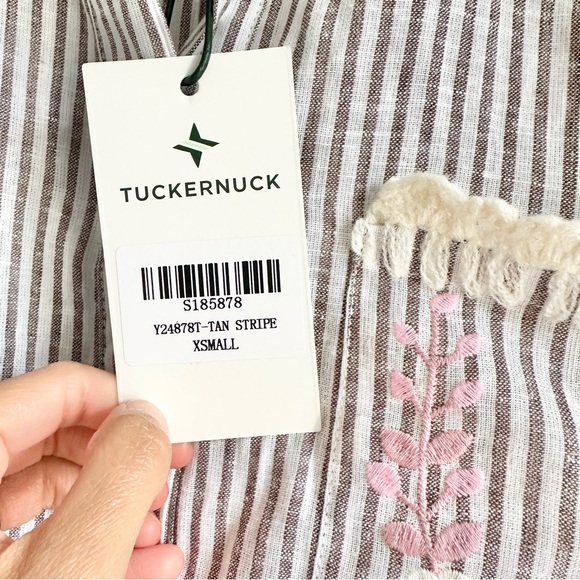 NWT Tuckernuck Callahan Tan Stripe Embroidered Long Sleeve Mini Dress - Picture 9 of 10